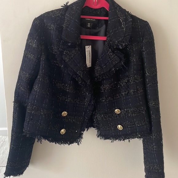 NWT Karen Millen Tweed Gold Button Cropped Frayed Edge Jacket - Picture 2 of 5